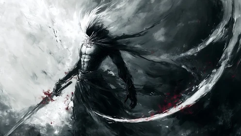 Dynamic monochrome warrior concept with sweeping energy arc.