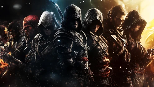 Hooded armored warriors stand in a dramatic fiery lineup