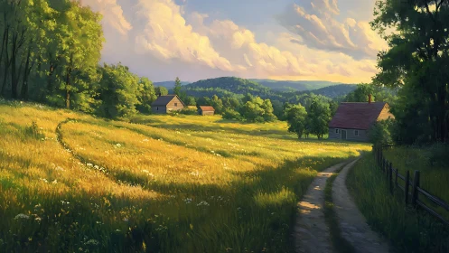 Sunlit country meadow with farmhouse and distant hills.
