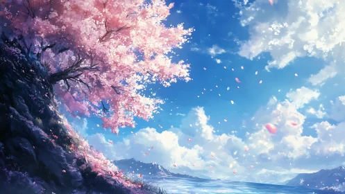 Cherry blossom tree on coastal cliff with drifting petals