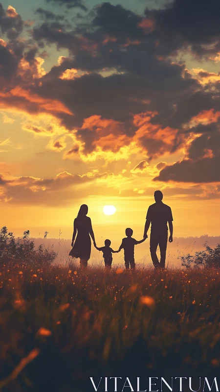 Silhouetted family walking together at warm sunset sky.