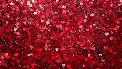 Shimmering red heart confetti sparkles in a joyful scatter