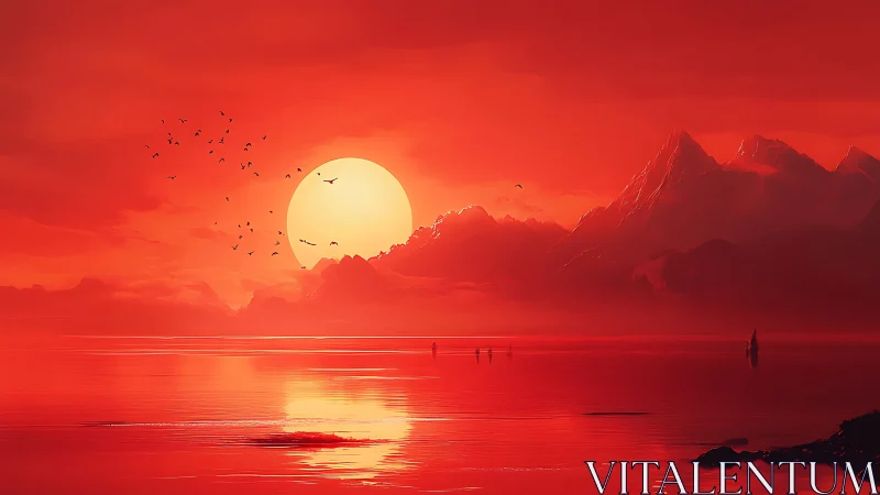 Crimson alien sunset over silent mountains and sea.