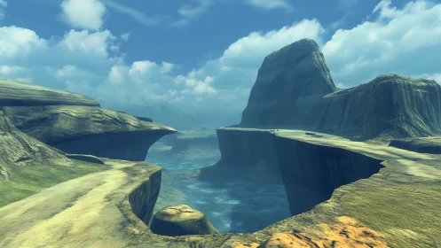 Enchanted Canyon with Towering Peaks and Serene Waters.