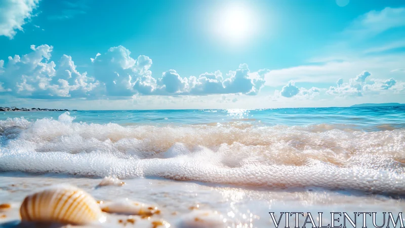 Sunlit shoreline where seashells meet playful waves.