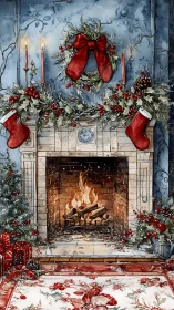 Watercolor Christmas fireplace scene with wreath, stockings, and gifts