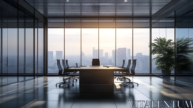 Modern Executive Boardroom Overlooking Metropolitan Skyline.