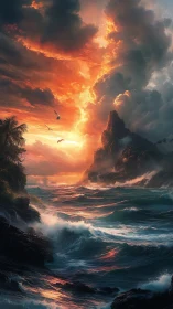 Volcanic Coastline Eruption: Dramatic Seascape with Golden Sky and Turbulent Waves.