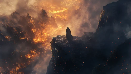 Cloaked figure overlooks volcanic abyss in cinematic inferno.