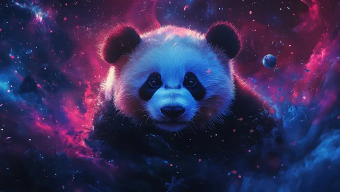 Panda head is centrally framed within a vivid cosmic nebula