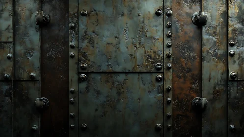 Rusted riveted steel panels forming industrial bulkhead.