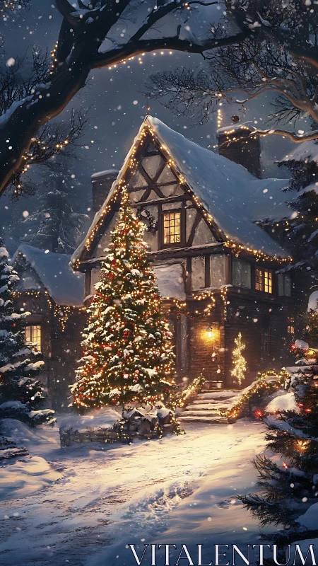 Snow-draped cottage with festive tree and warm lantern glow.