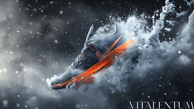 Dynamic running shoe bursting through swirling water.