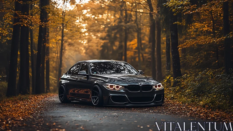Midnight black sports sedan gliding through autumn forest road.
