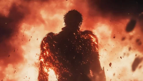 Backlit armored figure engulfed in volumetric fire and embers