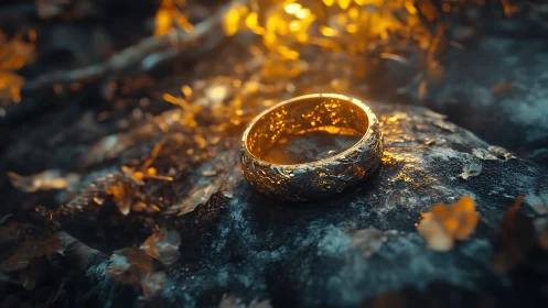 Cinematic 3D close-up of engraved gold ring on forest stone.