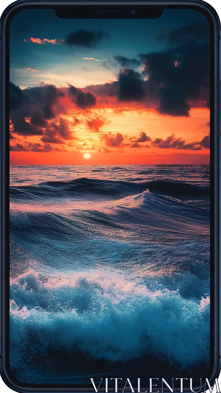 Photorealistic ocean sunset on bezel-framed smartphone display.