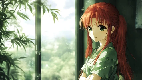 Soft morning light on pensive girl by verdant windowscape.