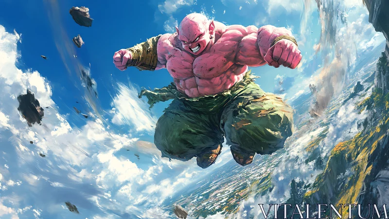 Muscular pink warrior descending through fragmented sky landscape