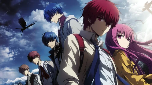 Stormy sky friends standing strong in anime adventure.