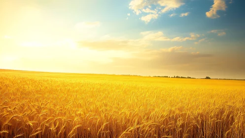 Golden wheat ocean glows softly beneath a drifting sky
