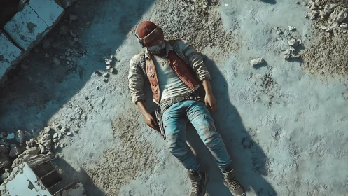 Character lying on rubble-strewn ground in daylight.