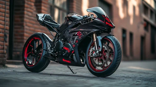 Carbon fiber superbike stands on cobblestone street in low light