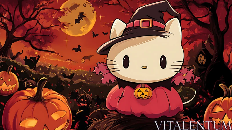 Cartoon white cat in witch costume in Halloween forest.