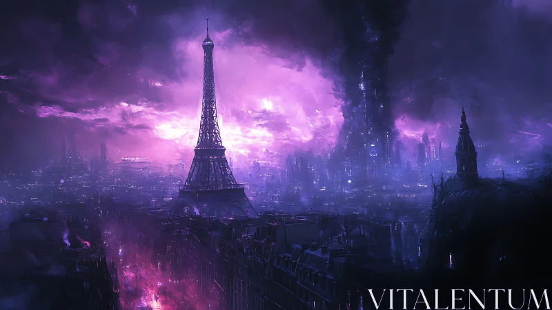 Eiffel Tower overlooks neon storm over futuristic Paris