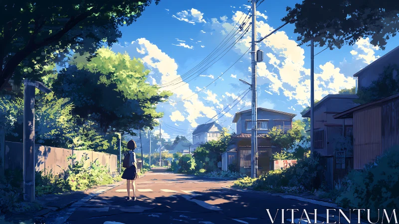 Summer street solitude beneath towering clouds at dusk.