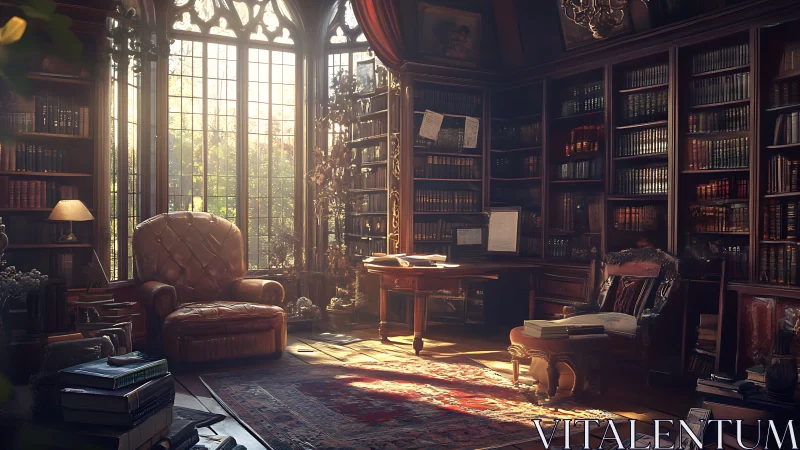 Sunlit traditional library interior with leather seating.