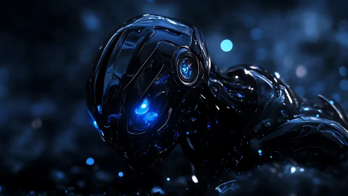 Specular black cyborg head with luminescent cobalt optics.