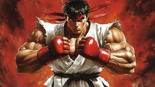 Muscular martial artist in white gi facing forward ready.