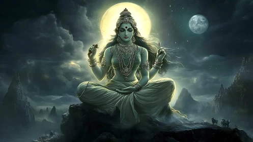 Moonlit mountain deity in serene stormlit meditation.