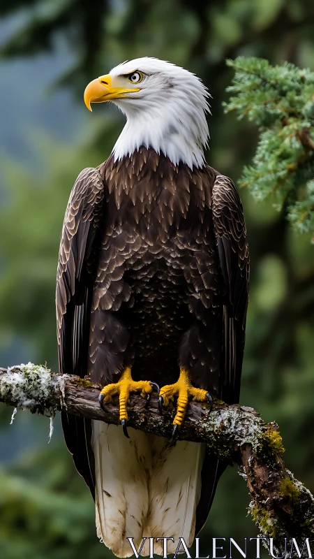 Bald eagle grips mossy branch in sharp forest portrait