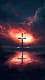 Radiant cross rises calmly against a glowing twilight sky