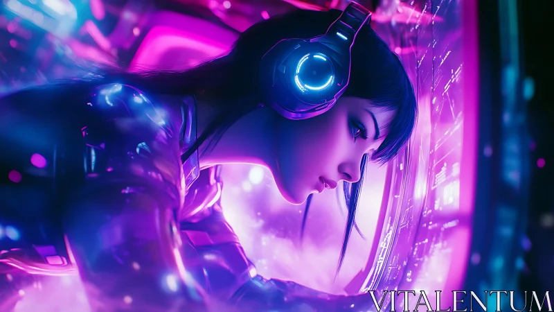 Neon-lit gamer girl immersed in a glowing sci-fi world.