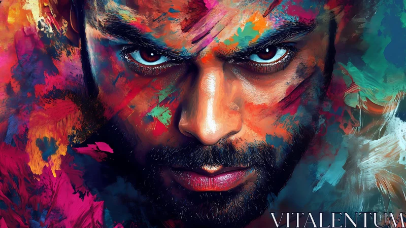 High-contrast male portrait integrates vivid brushstroke color fields