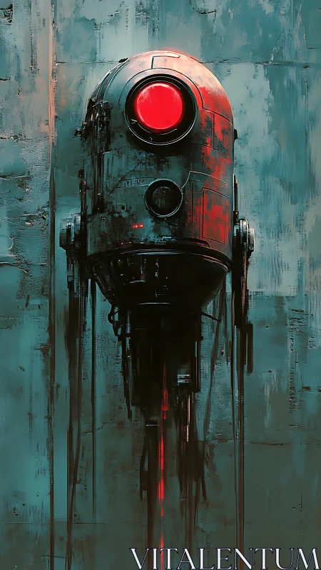 Rusty red-eyed surveillance drone on teal industrial wall.