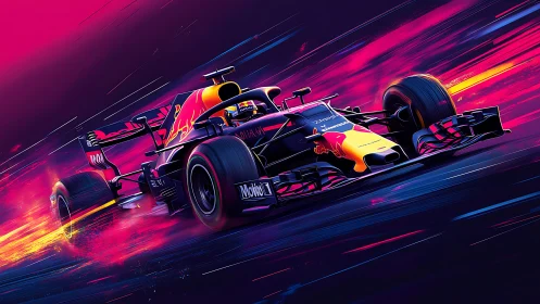 Neon thunder race car slicing through a flaming night track.