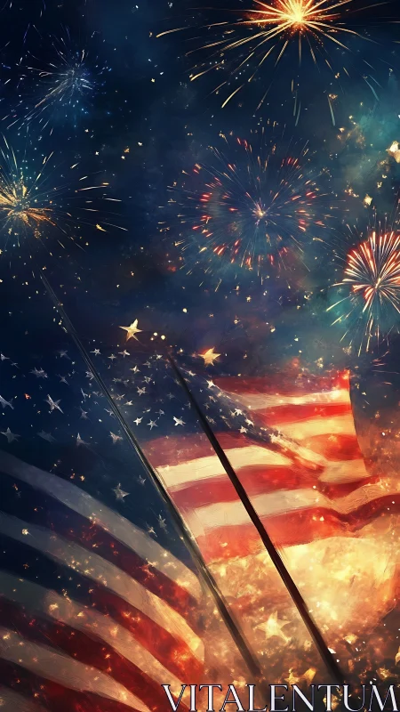 United States flags with night sky fireworks display scene.