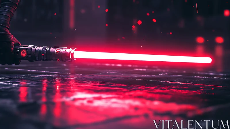 Red energy sword held over wet reflective floor surface.