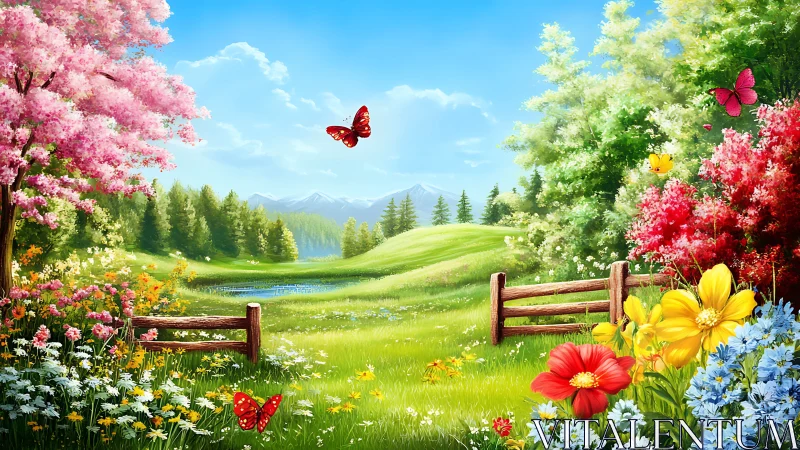 Colorful spring meadow landscape with flowers and butterflies.