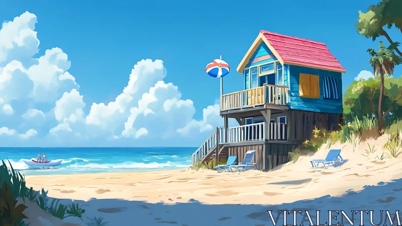 Elevated Beachfront Residence with Parasol and Maritime Aesthetic