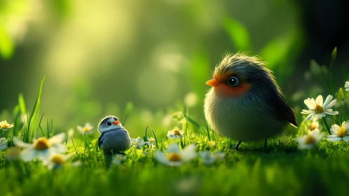 Two adorable fluffy birds in a dreamy meadow, digital art style.