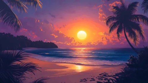 High-saturation tropical sunset over palm-framed reflective shoreline