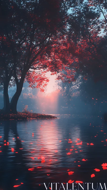 Red foliage over misty lake at soft sunset glow.