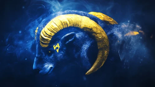 Digital profile portrait shows blue ram with yellow horns