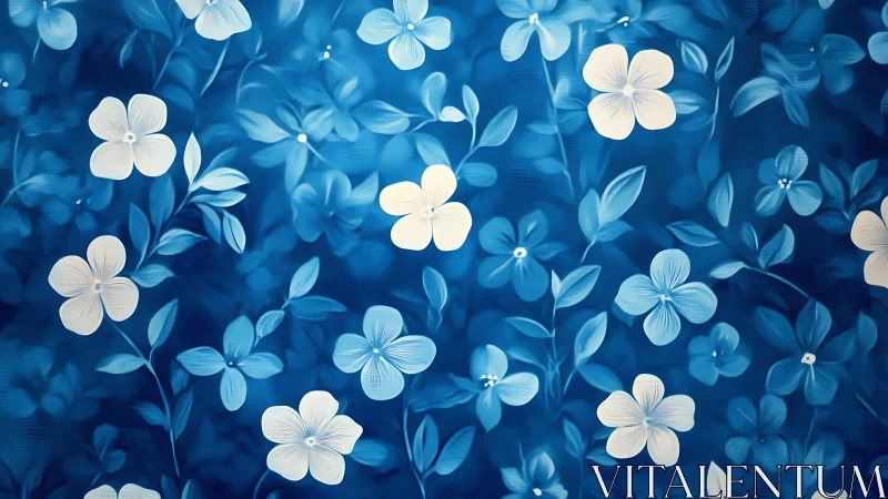 Blue Floral Garden with Luminous White Flowers.