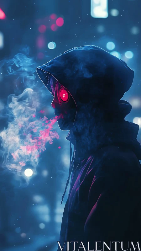 Neon-eyed hooded figure exhaling pink cybernetic mist.